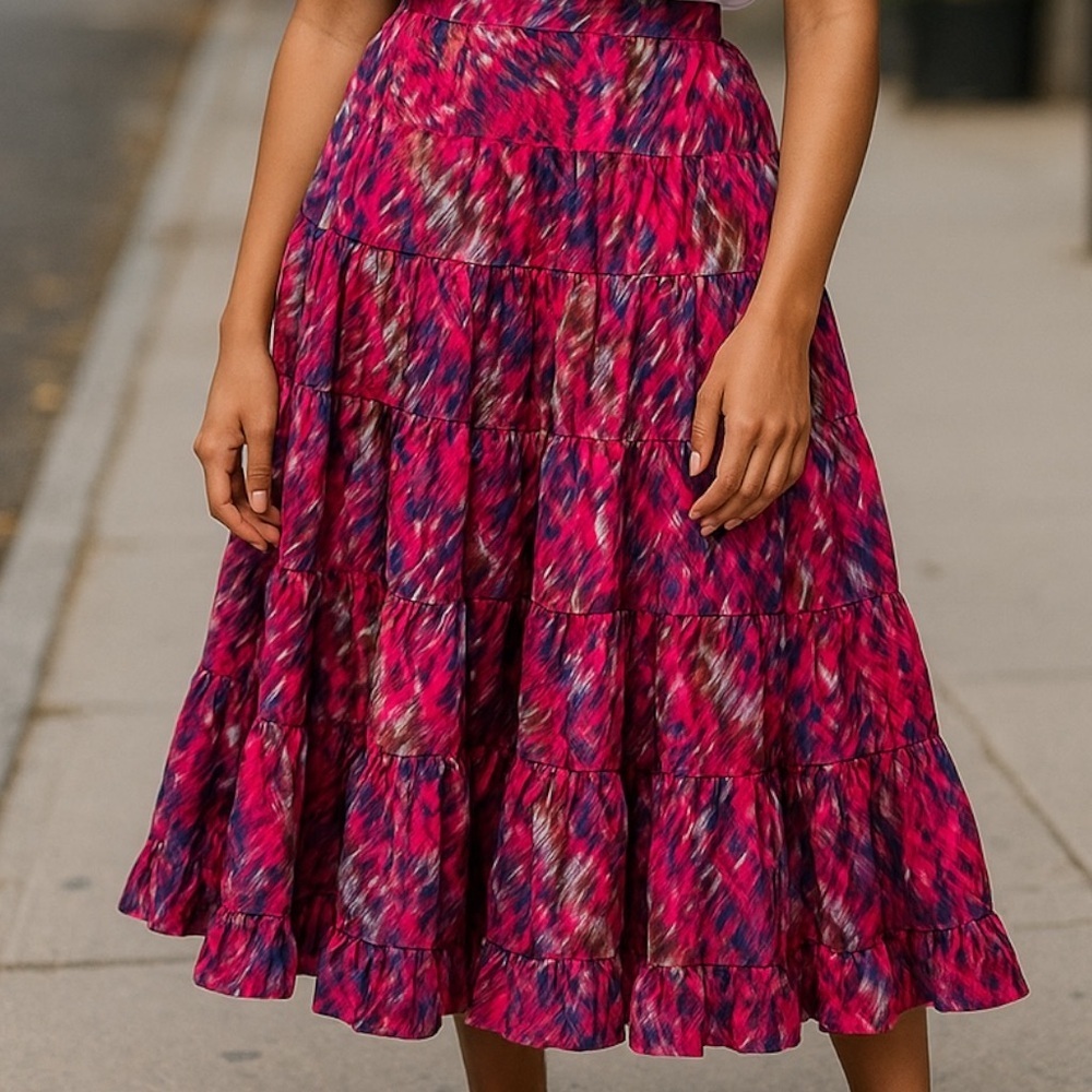New Directions Women's size XL Colorful Pink Purple Gray Pattern Tier Maxi Skirt